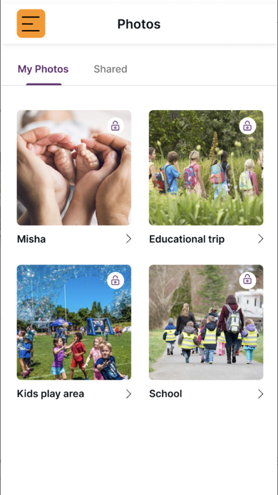 Photos screen showing locked private albums labeled Misha, Educational trip, Kids play area, and School.