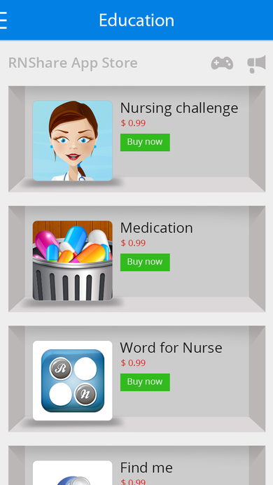 Education marketplace listing purchasable nursing courses and reference tools with prices.