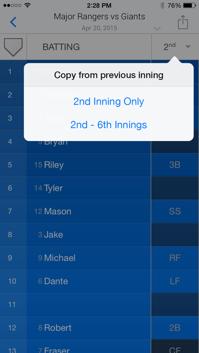 Copy from previous inning popup letting a coach carry a position assignment across one or multiple innings.