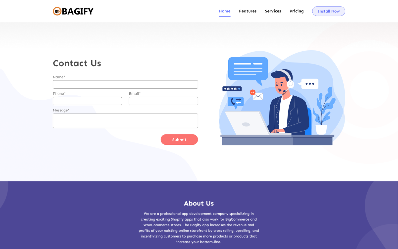 Contact Us page with Name, Phone, Email, and Message fields, a Submit button, and a support illustration of an agent at a laptop.