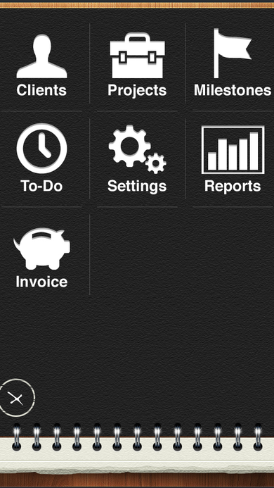 ProjectBoard home menu grid with Clients, Projects, Milestones, To-Do, Settings, Reports, and Invoice icons.