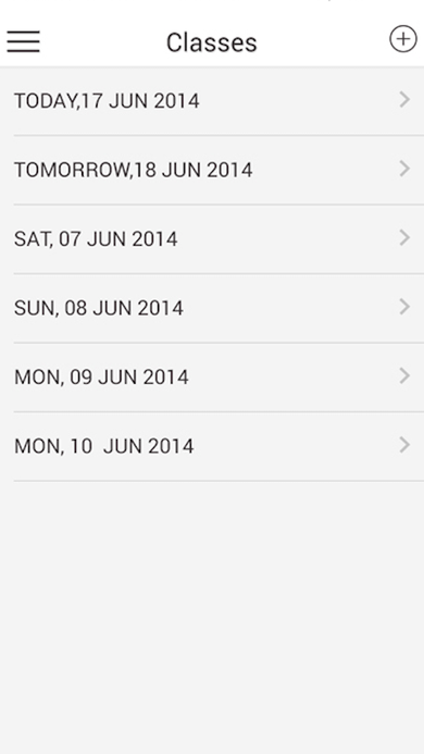 Classes list screen grouped by date, including Today, Tomorrow, and upcoming June dates.