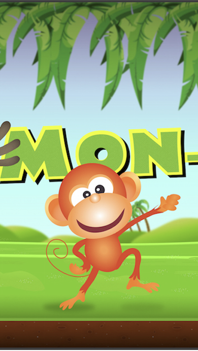 Mon-Ji title screen with the animated monkey mascot dancing under jungle banana trees.