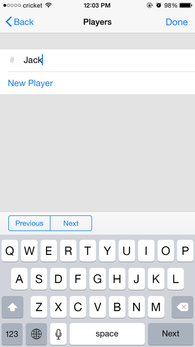 Add Players screen with jersey number field and player name being typed on the numeric-first keyboard flow.