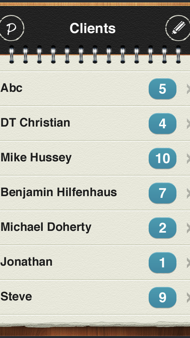 Clients list showing client names with a badge count of active projects for each.