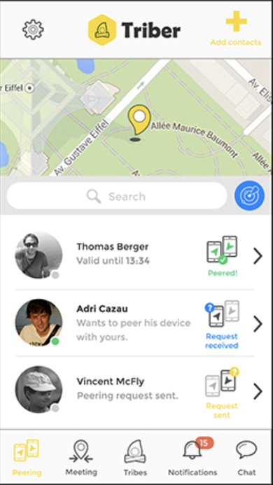 Peering screen with a live map, search bar, and a list of nearby users showing peered, request-received, and request-sent states.
