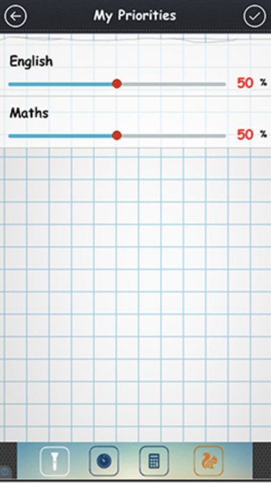 My Priorities screen with percentage sliders for English and Maths on graph-paper background.