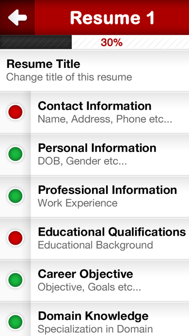 Resume 1 detail screen showing a 30% completion bar and section rows with red or green status dots.