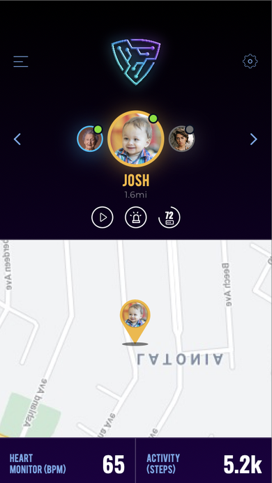 Individual profile view for Josh with a location map and preview cards for heart rate, activity, water alert, SpO2, and temperature.
