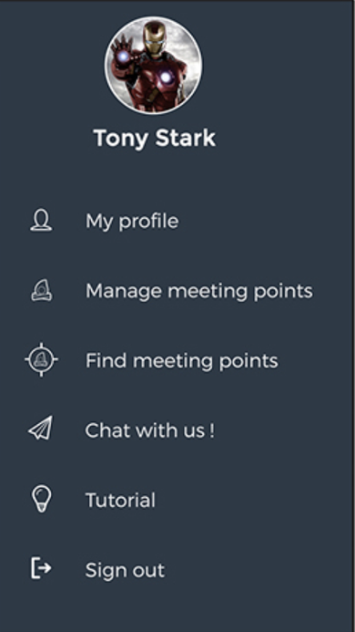 Dark slide-out profile menu with avatar, name, and links to profile, meeting points, chat support, and tutorial.