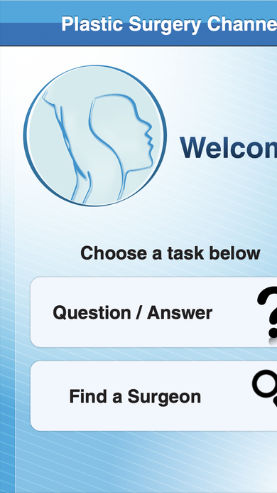 Welcome screen with the app logo and two primary task buttons: Question / Answer and Find a Surgeon.