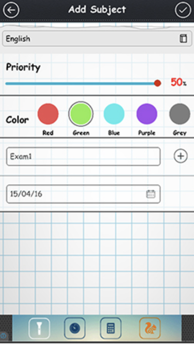 Add Subject screen with a subject name field, priority percentage slider, and color tag picker.