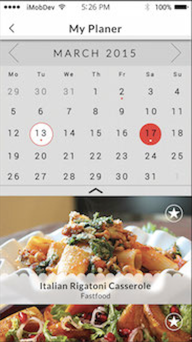 My Planer calendar view for March 2015 with marked dates and a recipe list below.
