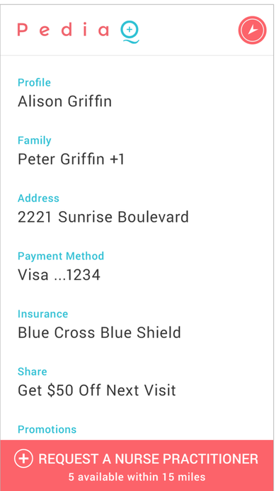 Family profile screen listing Profile, Family, Address, Payment Method, Insurance, Share, and Promotions sections under the PediaQ logo.