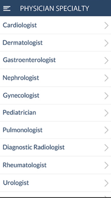 Physician Specialty list screen with Cardiologist, Dermatologist, Gastroenterologist, and other specialties.