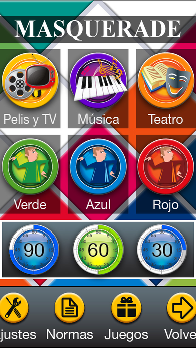 Masquerade home screen with the MASQUERADE title, category tiles for Pelis y TV, Música, and Teatro, team colors, and round timer dials.