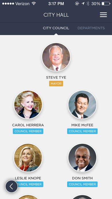 City Hall screen on the City Council tab showing the mayor and council members with photos and title badges.