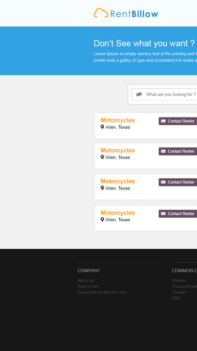 Wanted-items board showing renter requests with Contact Renter buttons under a Don't See What You Want banner.