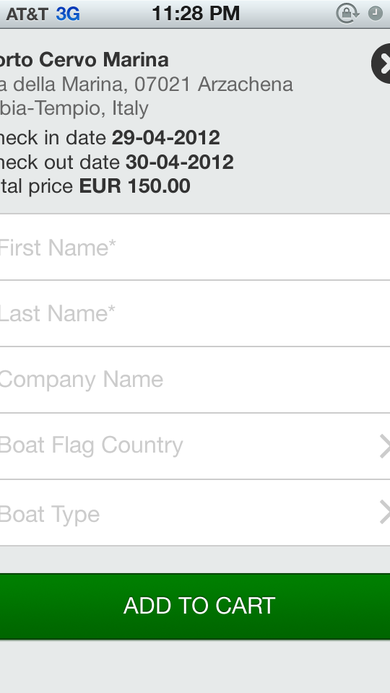Add to Cart screen showing marina address, check-in/check-out dates, total price, and traveler and boat detail fields.