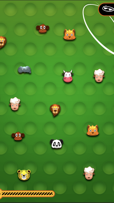 Animals-themed gameplay board with scattered animal-head tiles on a green dotted background.