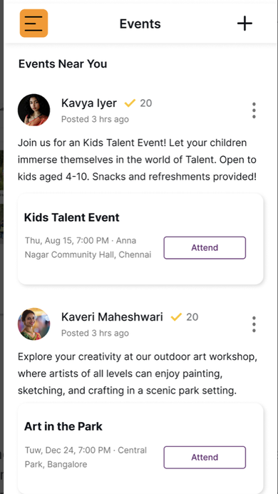 Events Near You screen listing community events with Attend buttons, dates, and locations.