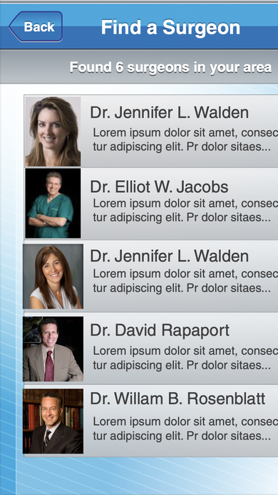 Find a Surgeon results list showing six matched surgeons with photos, names, and specialty descriptions.