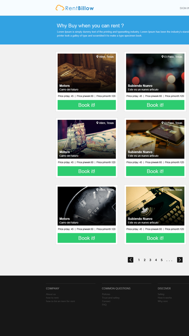 Most Popular listings grid with photo cards, per-day/week/month pricing, and green Book It! buttons.
