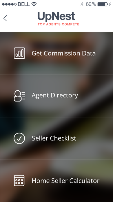 Upnest main menu with the UpNest wordmark and Get Commission Data, Agent Directory, Seller Checklist, and Home Seller Calculator options.