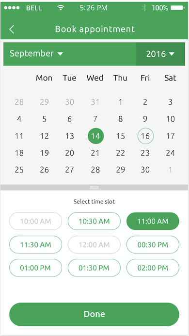 Book Appointment screen with a September calendar and a grid of selectable morning and afternoon time slots.