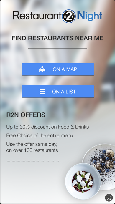 Restaurant2Night home screen with Find Restaurants Near Me, map and list buttons, and R2N Offers summary.