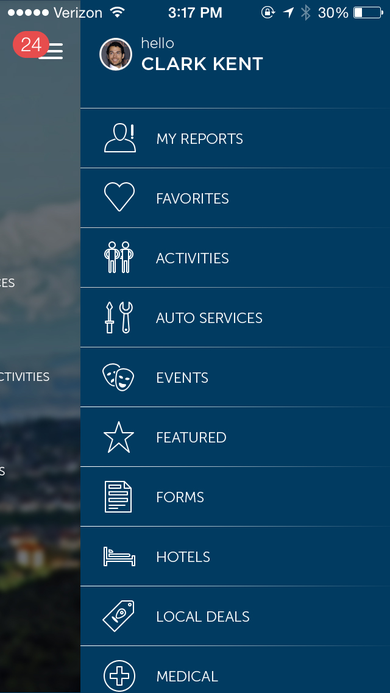 Slide-out navigation menu listing My Reports, Favorites, Activities, Auto Services, Events, Featured, Forms, Hotels, Local Deals, and Medical.