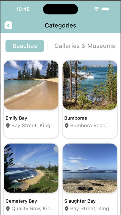 Beaches category screen showing a photo grid of Emily Bay, Bumboras, Cemetery Bay, and Slaughter Bay with addresses.