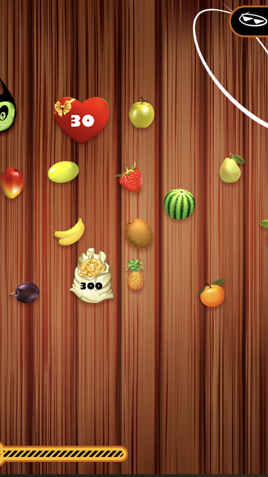 Fruits-themed gameplay board with fruit tiles, a bonus heart, and a coin-sack bonus item on a wood background.