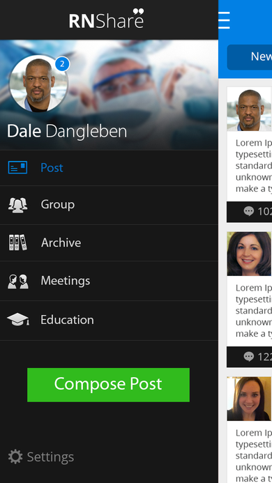 RNShare slide-out navigation menu showing Post, Group, Archive, Meetings, and Education under the user's profile.