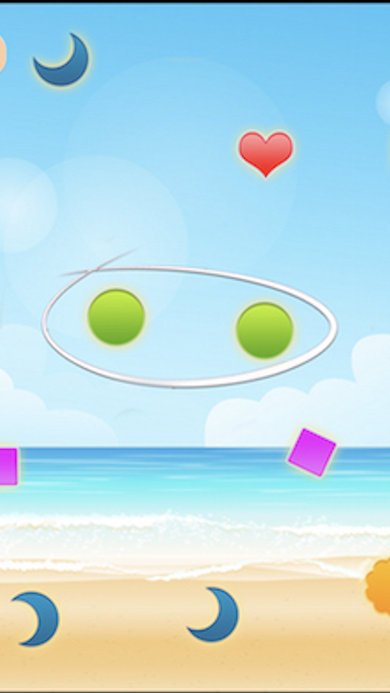 Shapes mode gameplay with hearts, moons, and gems falling over a bright beach scene.