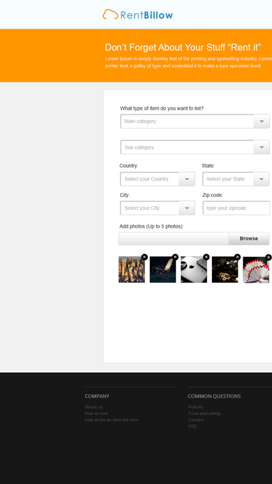 List Your Item form with category selectors, location fields, and uploaded photo thumbnails.