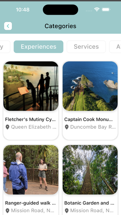 Experiences category tab showing Fletcher's Mutiny Cyclorama, Captain Cook Monument, ranger-guided walks, and Botanic Garden.