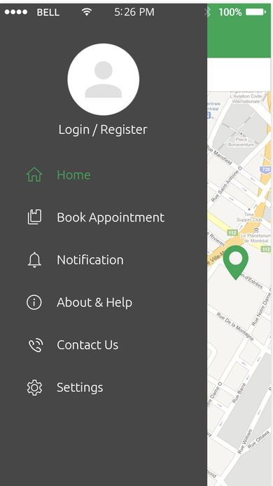 Slide-out navigation menu with Login/Register, Home, Book Appointment, Notification, About & Help, Contact Us, and Settings over a map background.