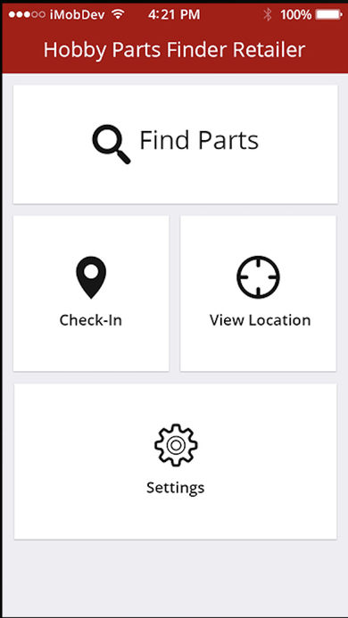 Home screen with a red header and four tiles: Find Parts, Check-In, View Location, and Settings.