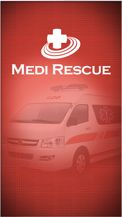 Medi Rescue splash screen with the red cross-in-ring logo mark over a faded ambulance image.