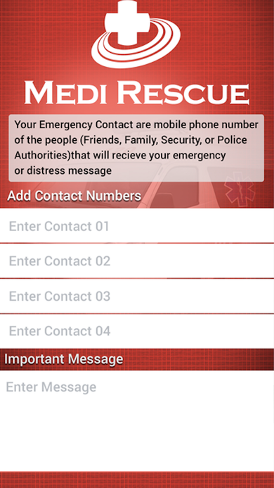 Settings screen for adding up to four emergency contact numbers, an important message field, and Facebook/Twitter connect buttons.