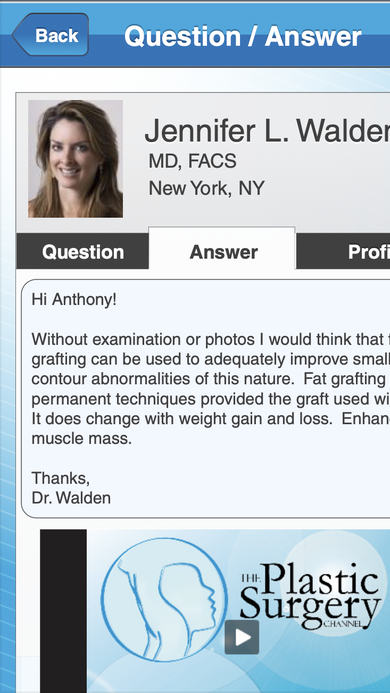 Question / Answer detail screen showing Dr. Jennifer L. Walden's written answer with an embedded video response.