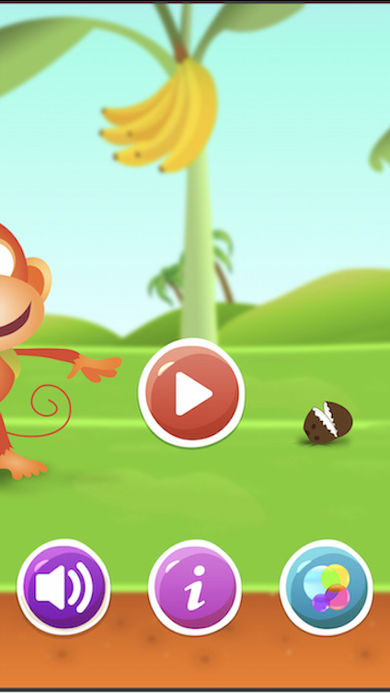Home menu with the monkey mascot, a large Play button, and sound, info, and customization icons.