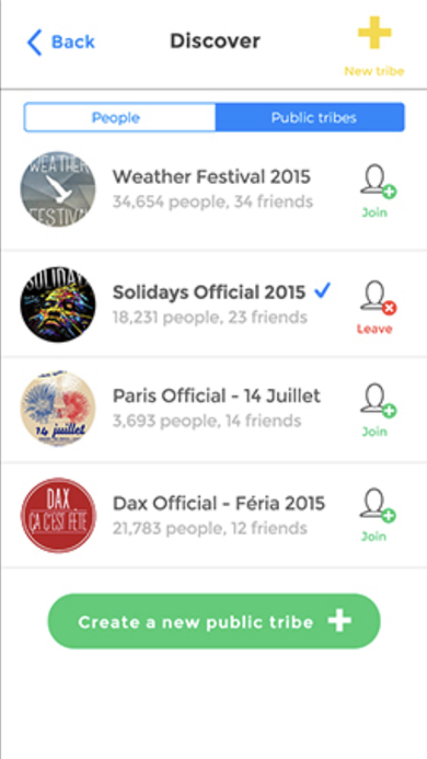 Discover screen for browsing public tribes with People and Public tribes toggle and a Create a new public tribe button.