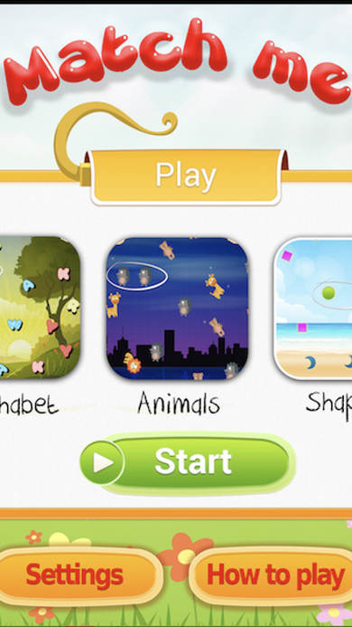 Match Me play menu showing Alphabet, Animals, and Shapes mode tiles above the Start button and bottom navigation.
