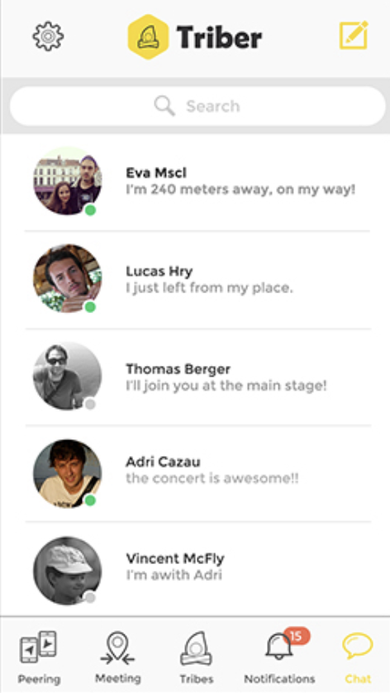 Chat list screen showing recent conversations with live status dots and latest message previews.