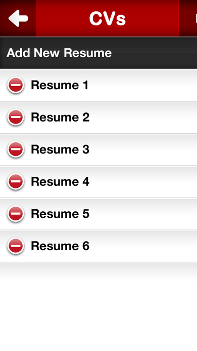 Manage CVs screen listing multiple saved resumes with an Add New Resume action.
