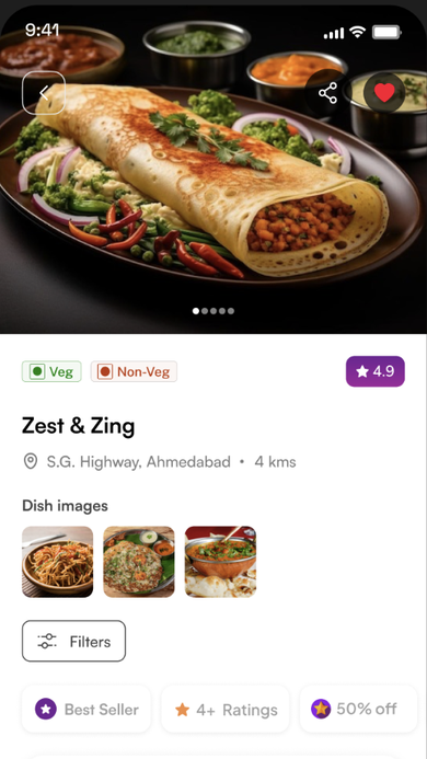 Zest & Zing restaurant detail page with dish image gallery, ratings, and Best Seller quick filters.