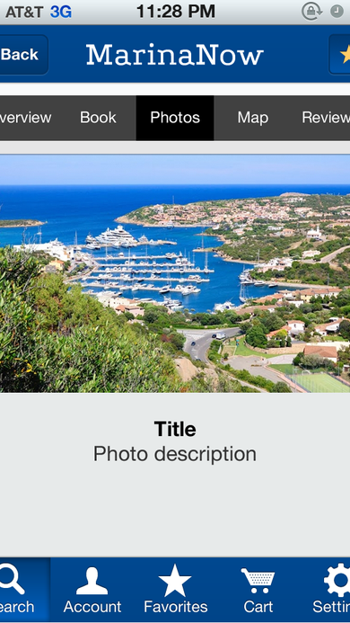 Marina profile Photos tab showing an aerial photo of a marina harbor filled with yachts and boats.