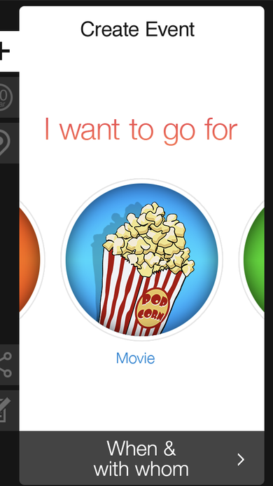 Create Event card showing the activity category carousel with a Movie option selected.